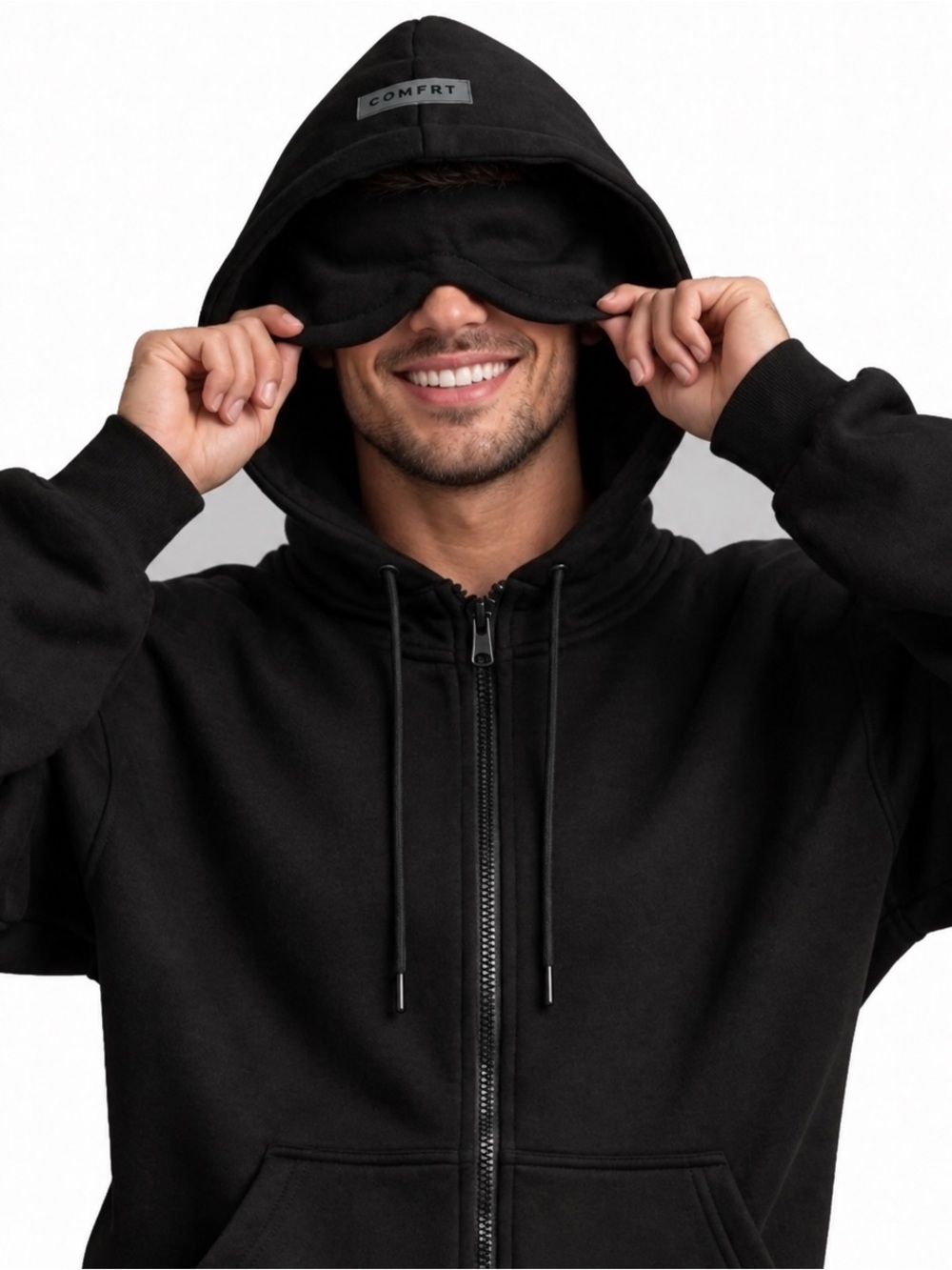 COMFRT Airplane Mode Travel Black Zip HOODIE Sweatshirt - Zip Pockets & Eye Mask